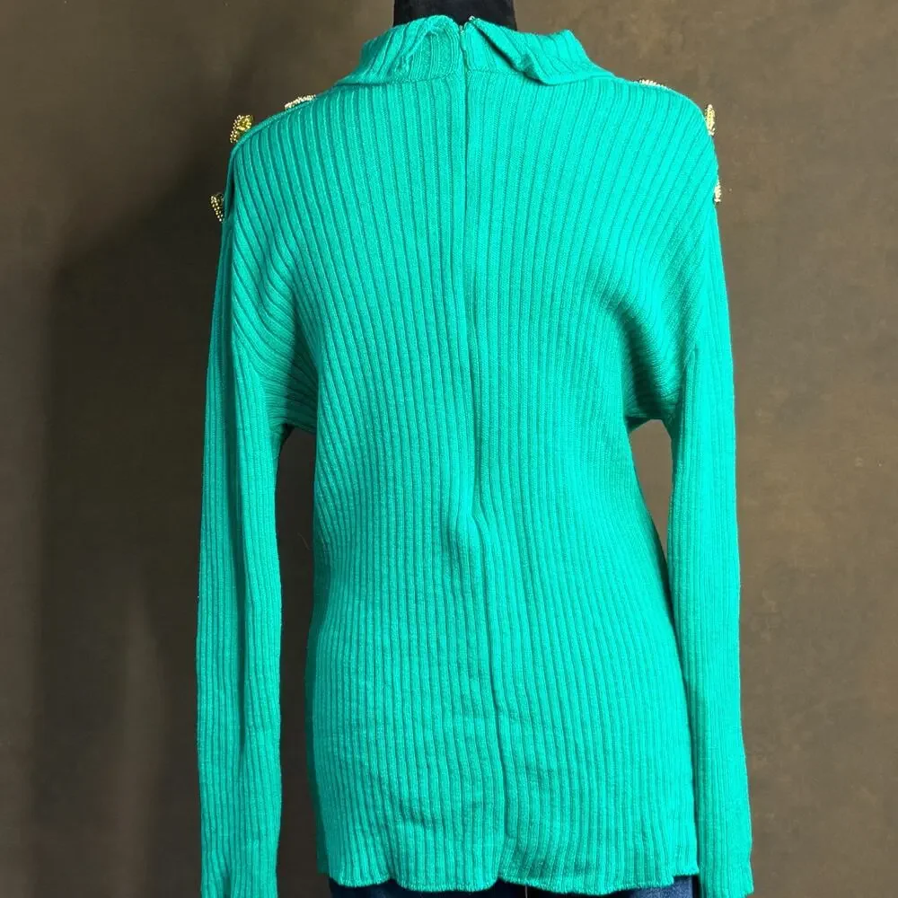 Vintage St. John Collection by Marie Gray Sweater Gold Button Teal Green Size M